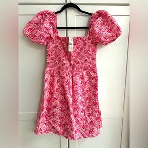 Pink and White Smocked Puff Sleeve Dress